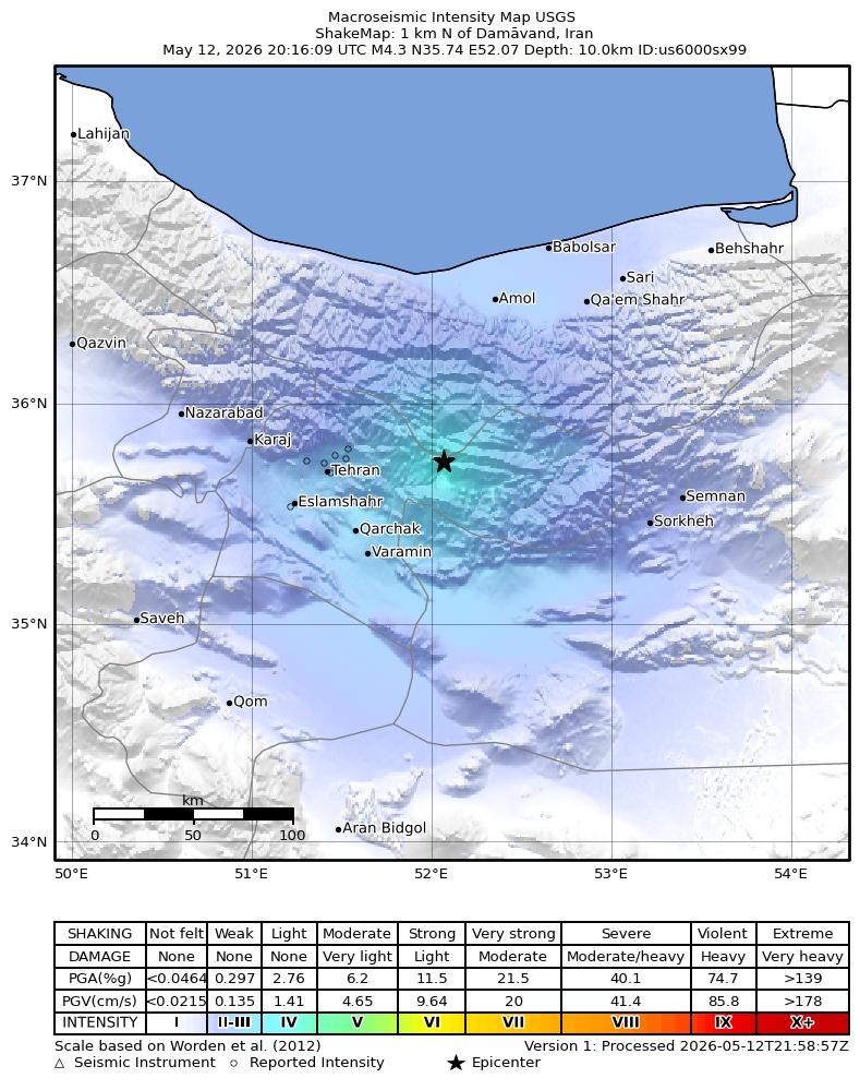 USGS ShakeMap intensity contours for the M4.3 earthquake near 13 km W of Damāvand, Iran