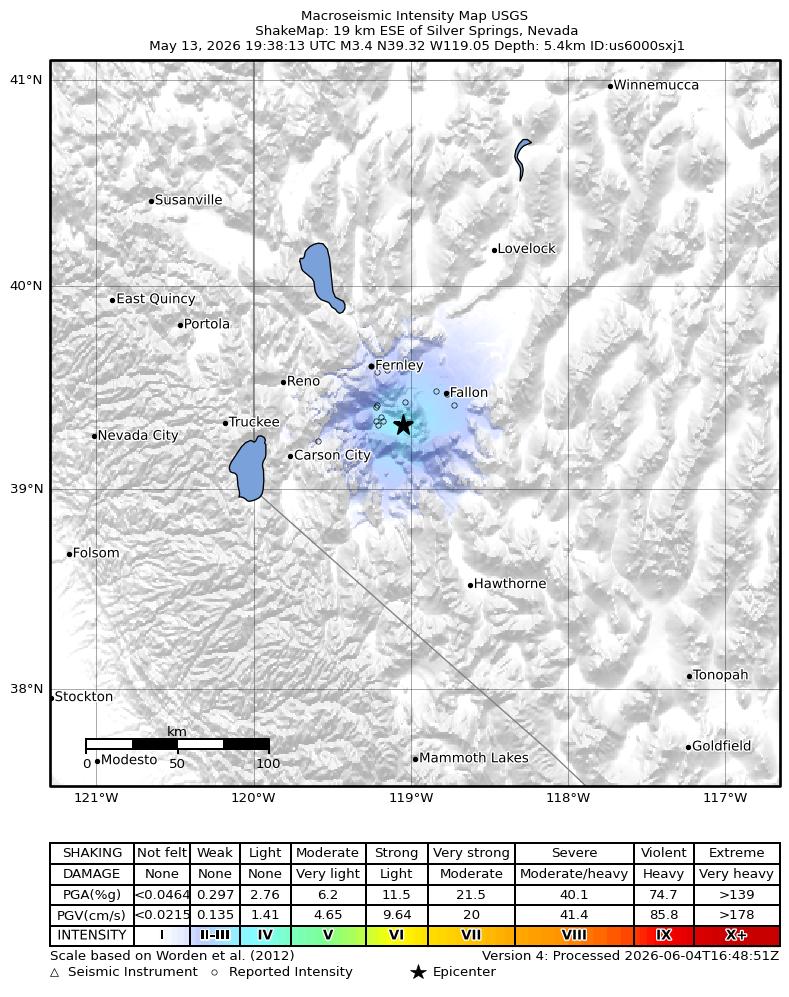 USGS ShakeMap intensity contours for the M3.4 earthquake near 19 km ESE of Silver Springs, Nevada