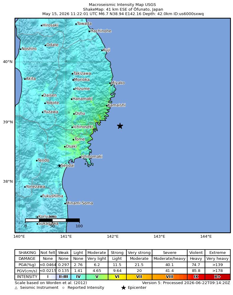 USGS ShakeMap intensity contours for the M6.7 earthquake near 41 km ESE of Ōfunato, Japan