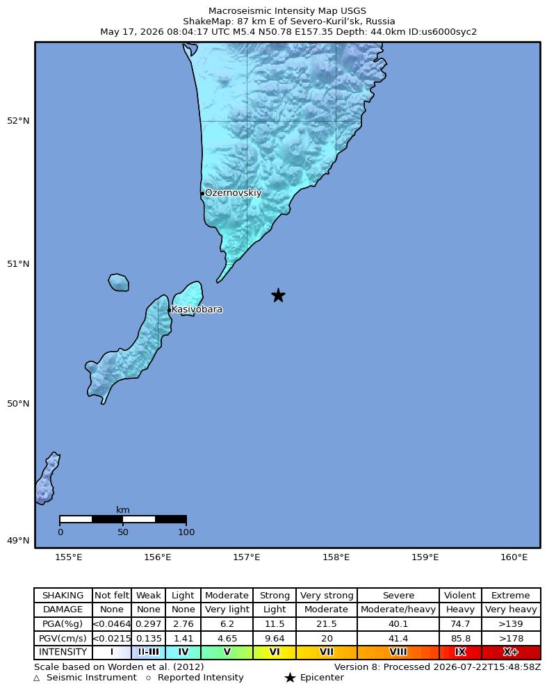 USGS ShakeMap intensity contours for the M5.4 earthquake near 87 km E of Severo-Kuril’sk, Russia