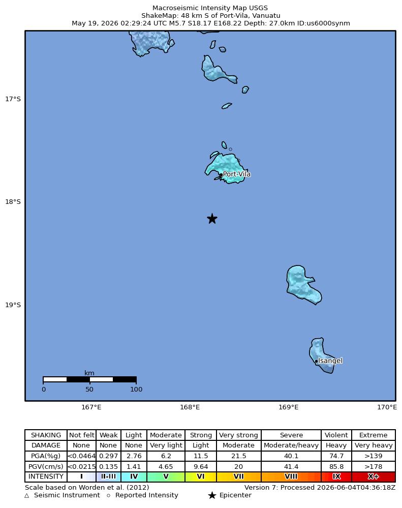 USGS ShakeMap intensity contours for the M5.7 earthquake near 48 km S of Port-Vila, Vanuatu