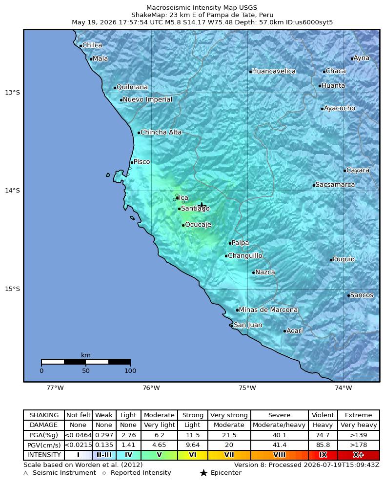 USGS ShakeMap intensity contours for the M5.8 earthquake near 23 km E of Pampa de Tate, Peru