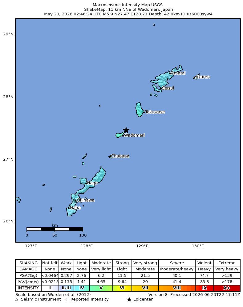 USGS ShakeMap intensity contours for the M5.9 earthquake near 11 km NNE of Wadomari, Japan