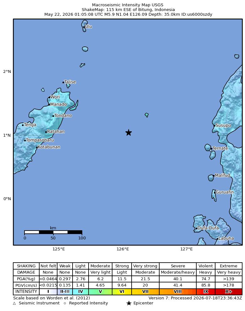 USGS ShakeMap intensity contours for the M5.9 earthquake near 115 km ESE of Bitung, Indonesia