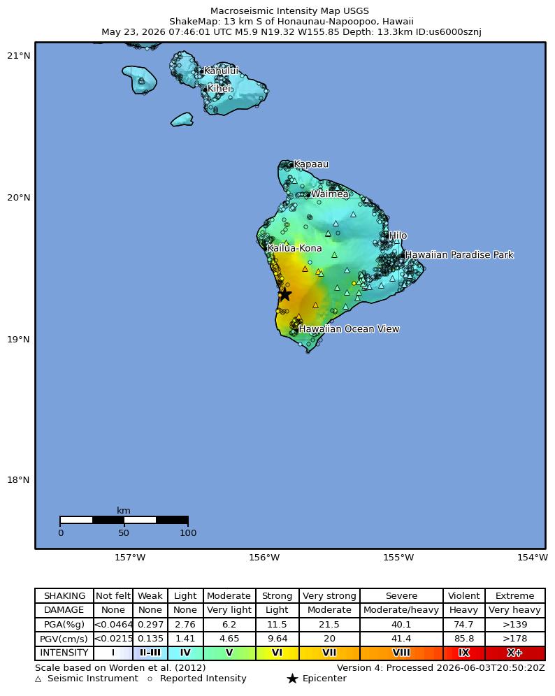 USGS ShakeMap intensity contours for the M6.0 earthquake near 13 km S of Honaunau-Napoopoo, Hawaii