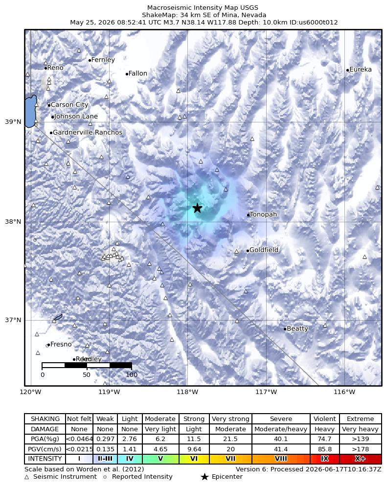 USGS ShakeMap: estimated shaking intensity around the epicenter