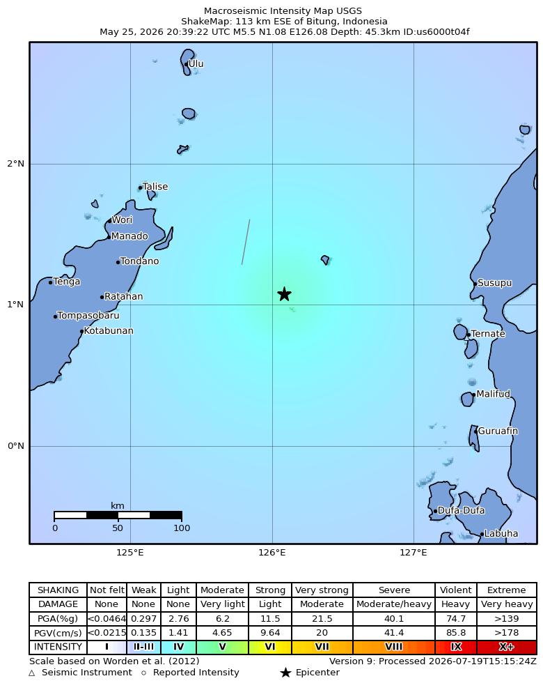 USGS ShakeMap intensity contours for the M5.5 earthquake near 113 km ESE of Bitung, Indonesia