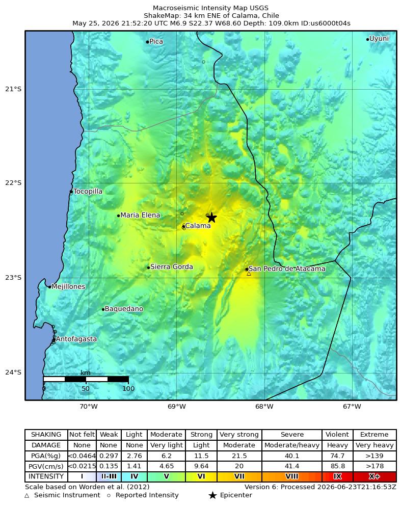 USGS ShakeMap intensity contours for the M6.9 earthquake near 34 km ENE of Calama, Chile
