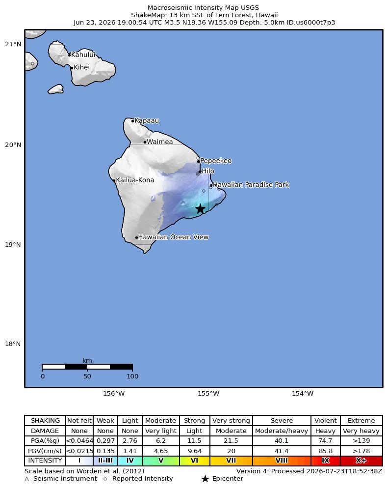 USGS ShakeMap intensity contours for the M3.2 earthquake near 13 km SSE of Fern Forest, Hawaii