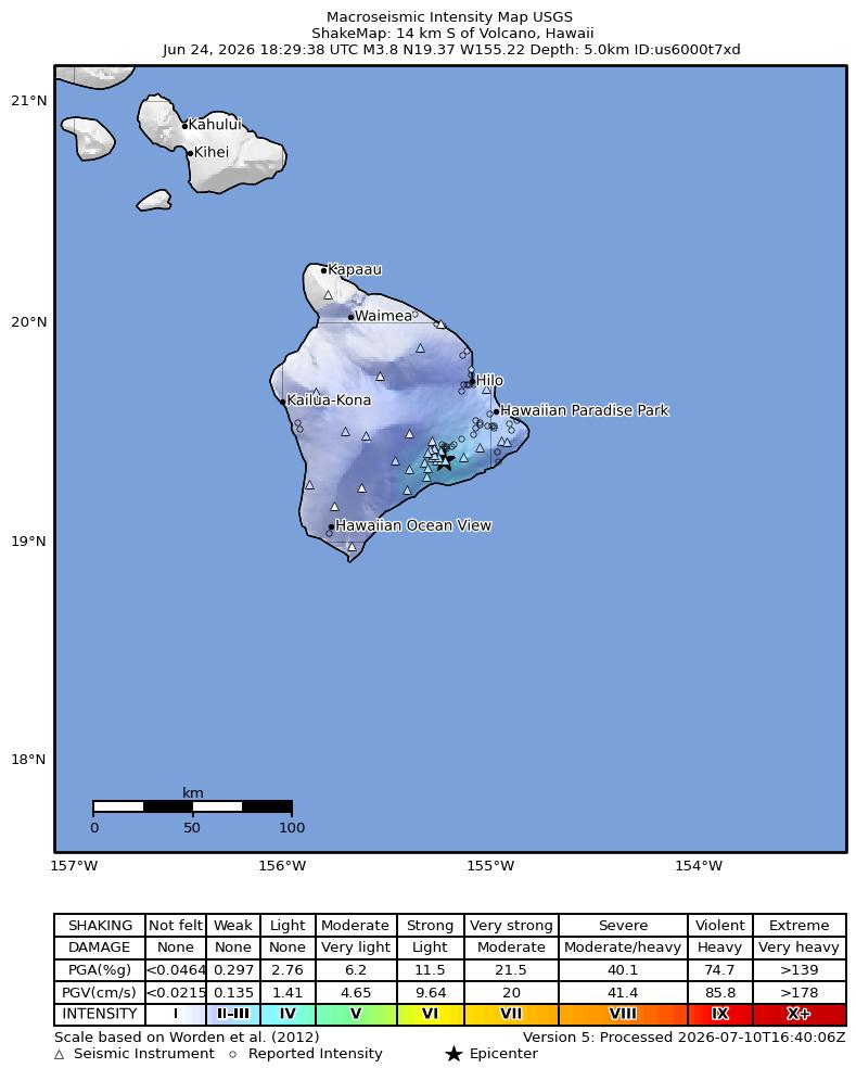 USGS ShakeMap intensity contours for the M3.6 earthquake near 14 km S of Volcano, Hawaii