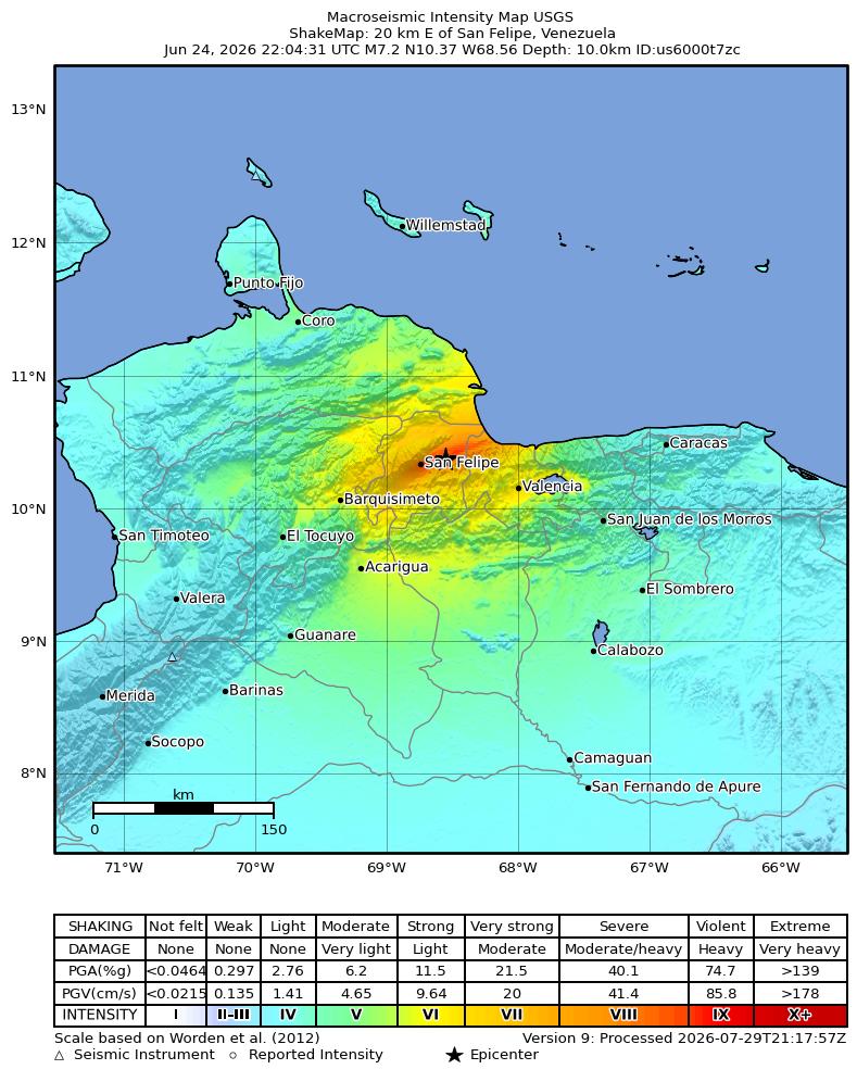 USGS ShakeMap intensity contours for the M7.2 earthquake near 20 km E of San Felipe, Venezuela