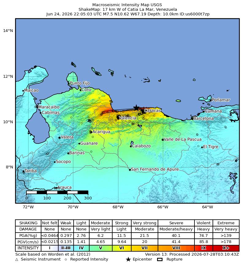 USGS ShakeMap intensity contours for the M7.5 earthquake near 17 km W of Catia La Mar, Venezuela