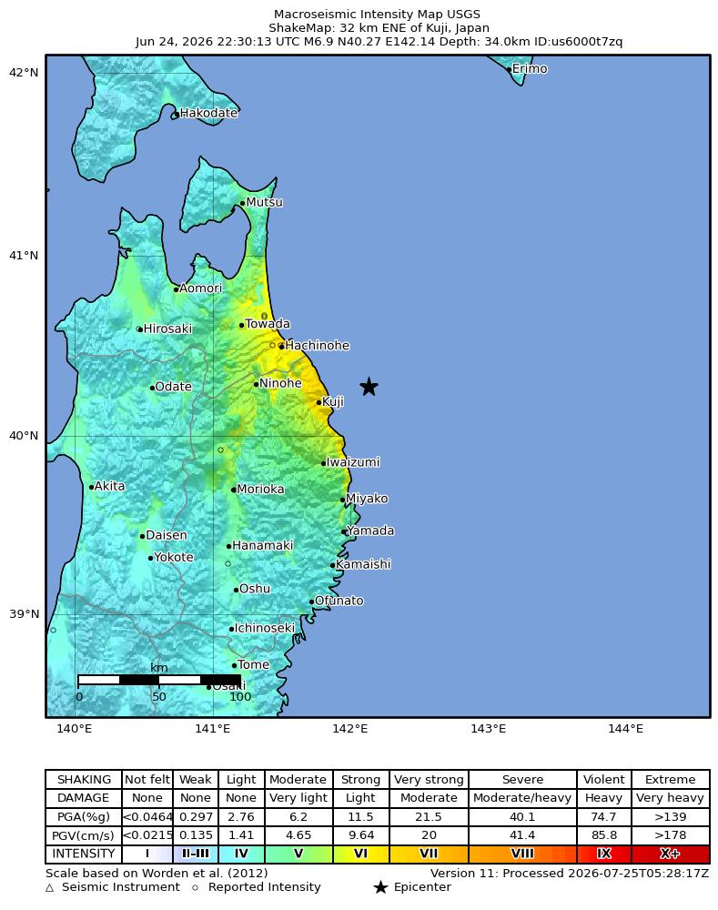 USGS ShakeMap intensity contours for the M6.9 earthquake near 32 km ENE of Kuji, Japan