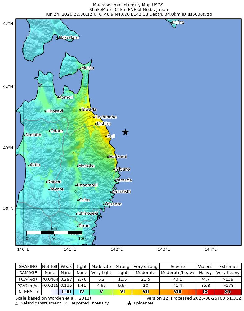 USGS ShakeMap intensity contours for the M6.9 earthquake near 35 km ENE of Noda, Japan