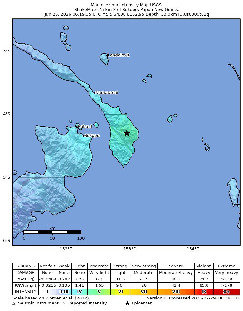 USGS ShakeMap intensity contours for the M5.5 earthquake near 75 km E of Kokopo, Papua New Guinea