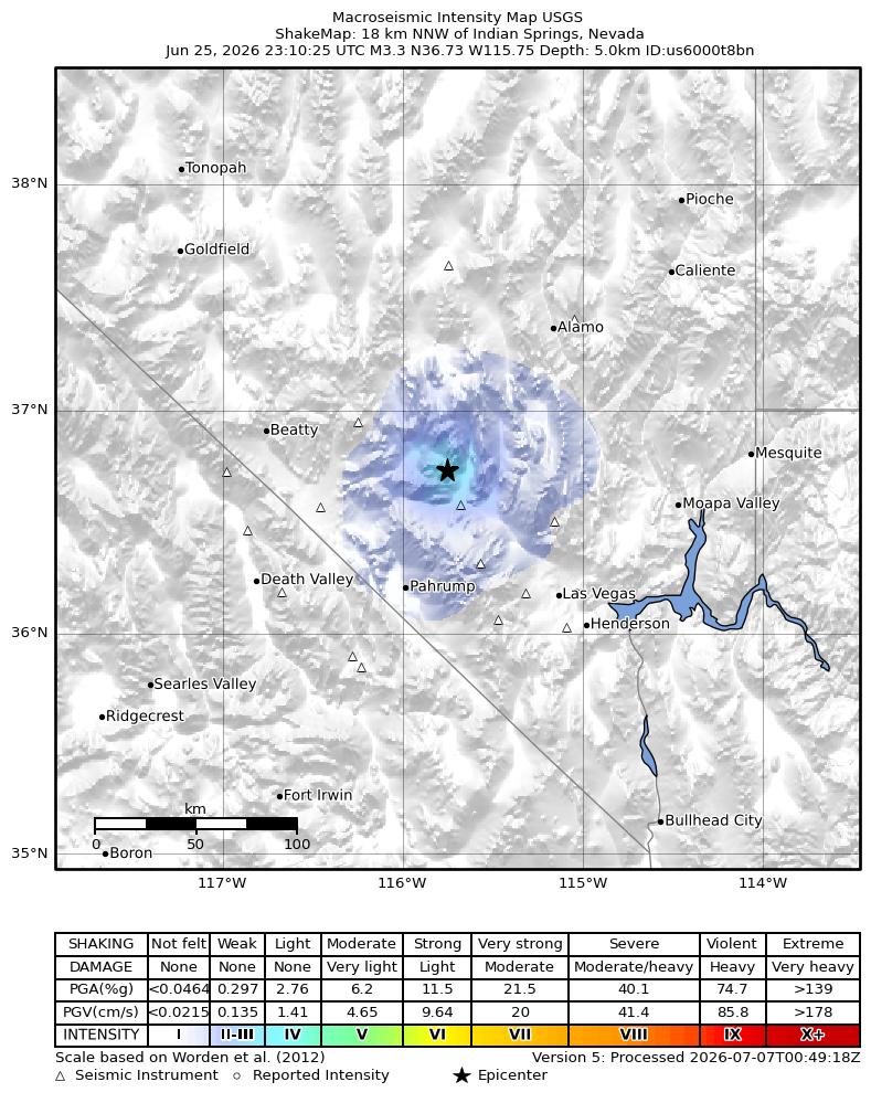 USGS ShakeMap intensity contours for the M3.2 earthquake near 18 km NNW of Indian Springs, Nevada