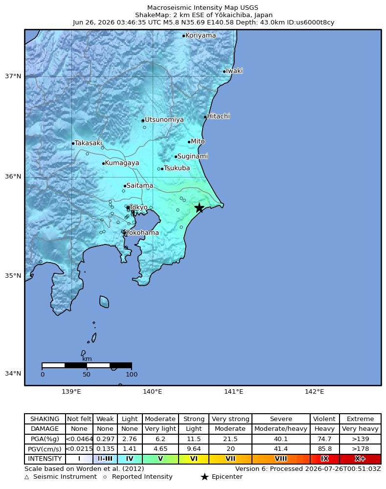USGS ShakeMap intensity contours for the M5.8 earthquake near 2 km ESE of Yōkaichiba, Japan