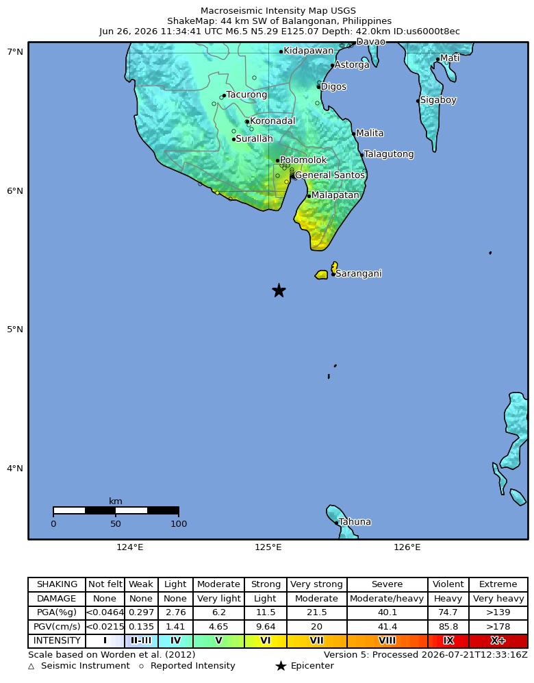 USGS ShakeMap intensity contours for the M6.5 earthquake near 44 km SW of Balangonan, Philippines
