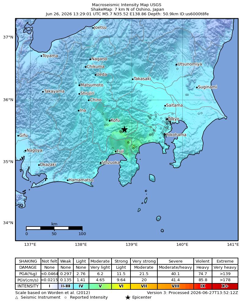 USGS ShakeMap intensity contours for the M5.2 earthquake near 6 km SW of Ōtsuki, Japan