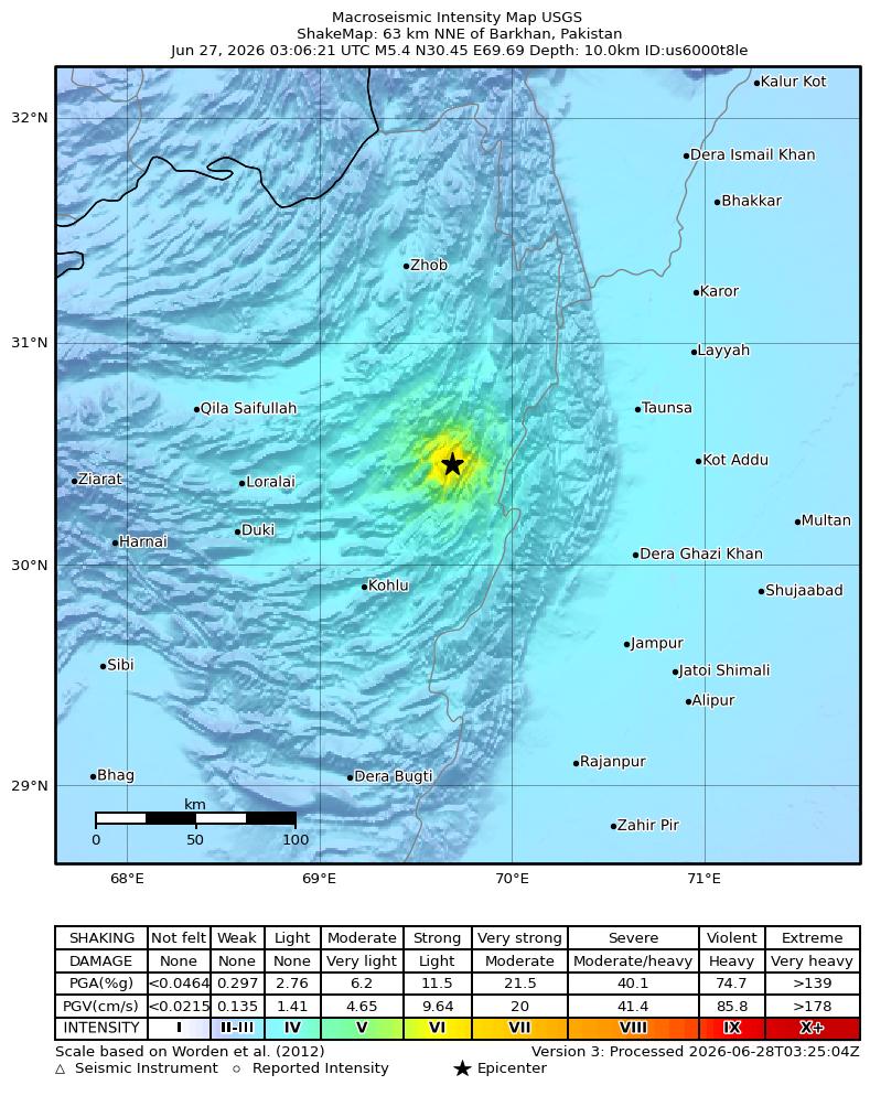 USGS ShakeMap intensity contours for the M5.3 earthquake near 69 km NNE of Barkhan, Pakistan