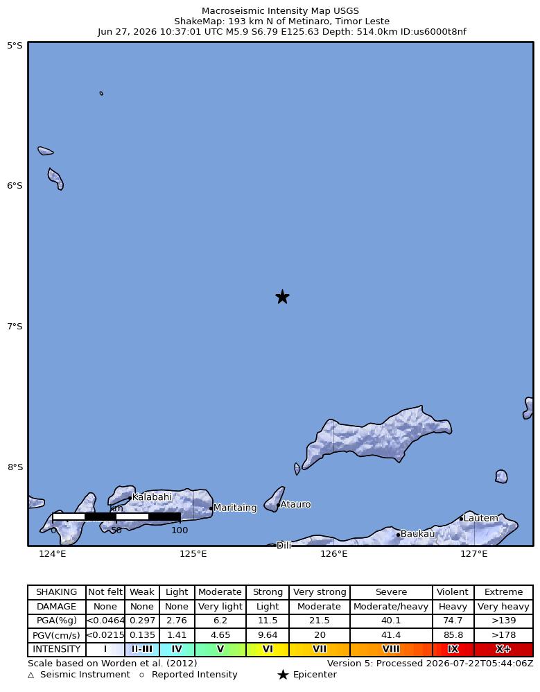 USGS ShakeMap intensity contours for the M5.9 earthquake near 193 km N of Metinaro, Timor Leste