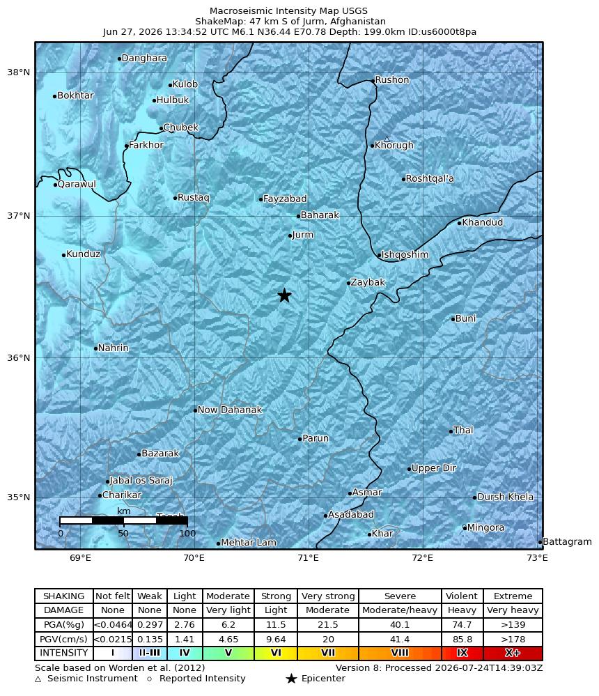 USGS ShakeMap intensity contours for the M6.1 earthquake near 47 km S of Jurm, Afghanistan