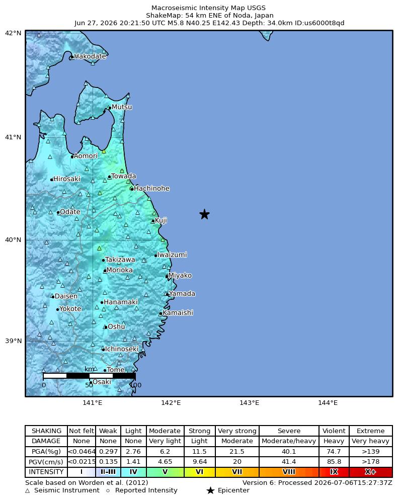 USGS ShakeMap intensity contours for the M5.8 earthquake near 54 km ENE of Noda, Japan