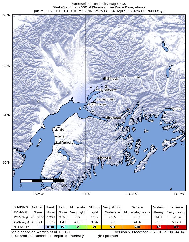 USGS ShakeMap intensity contours for the M3.1 earthquake near 4 km SSE of Elmendorf Air Force Base, Alaska