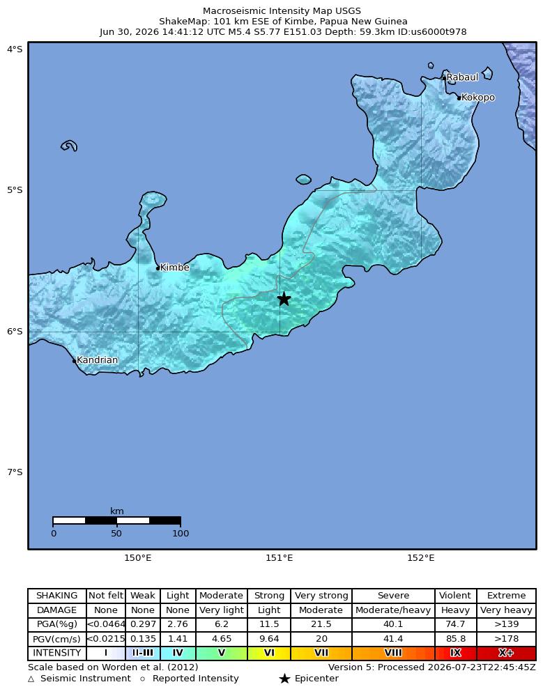 USGS ShakeMap intensity contours for the M5.4 earthquake near 101 km ESE of Kimbe, Papua New Guinea