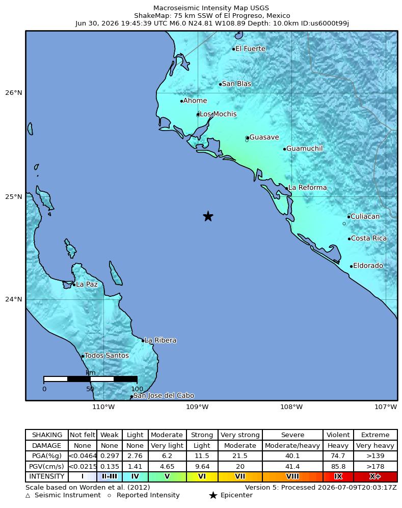 USGS ShakeMap intensity contours for the M6.0 earthquake near 75 km SSW of El Progreso, Mexico