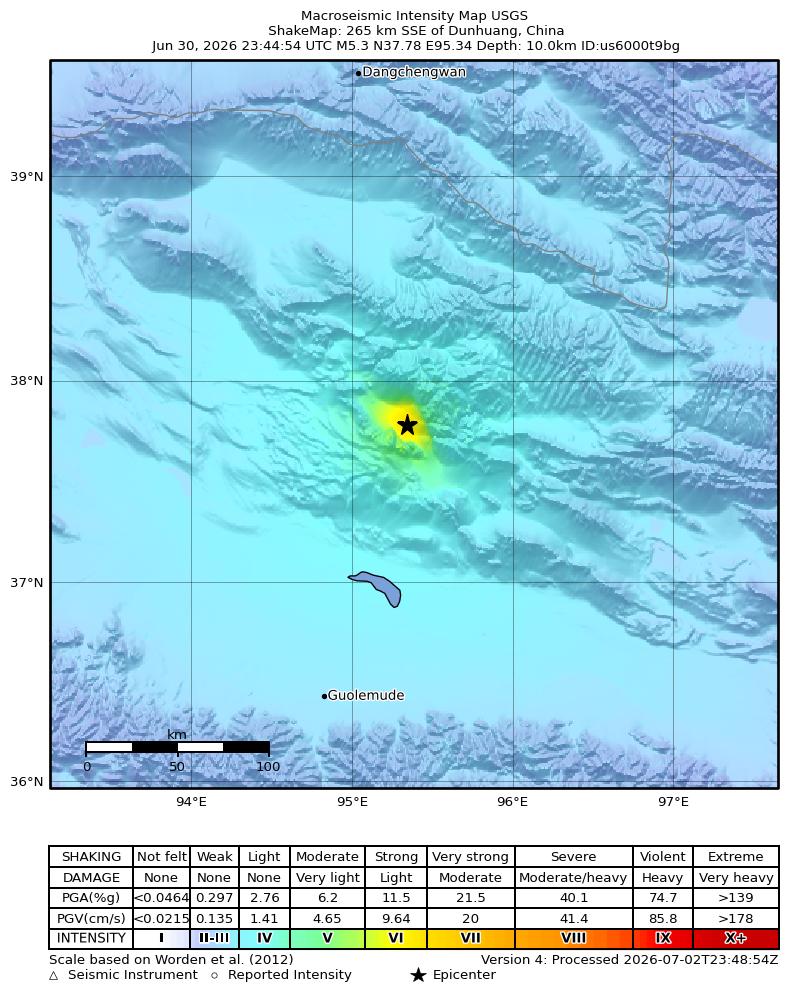 USGS ShakeMap intensity contours for the M5.3 earthquake near 272 km SSE of Dunhuang, China