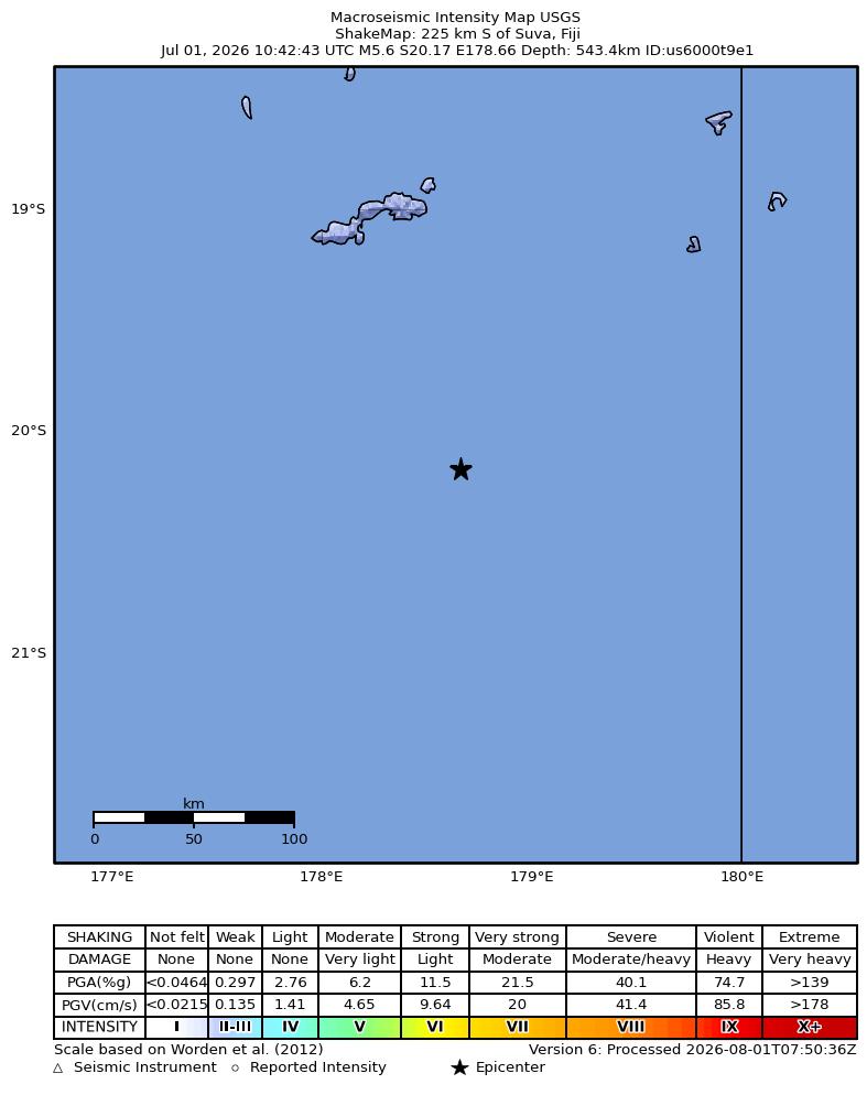 USGS ShakeMap intensity contours for the M5.6 earthquake near 226 km S of Suva, Fiji