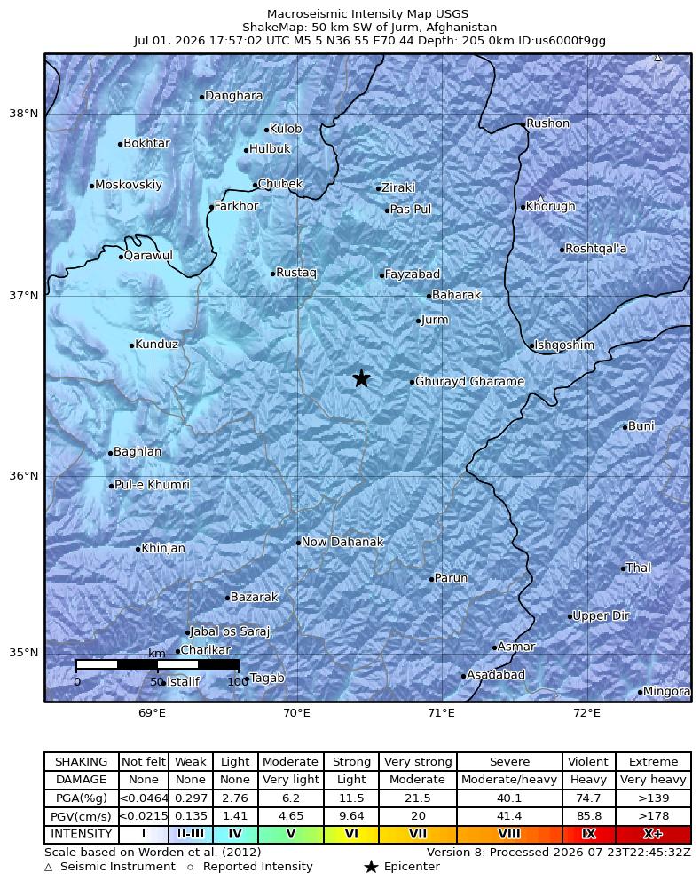 USGS ShakeMap intensity contours for the M5.5 earthquake near 50 km SW of Jurm, Afghanistan