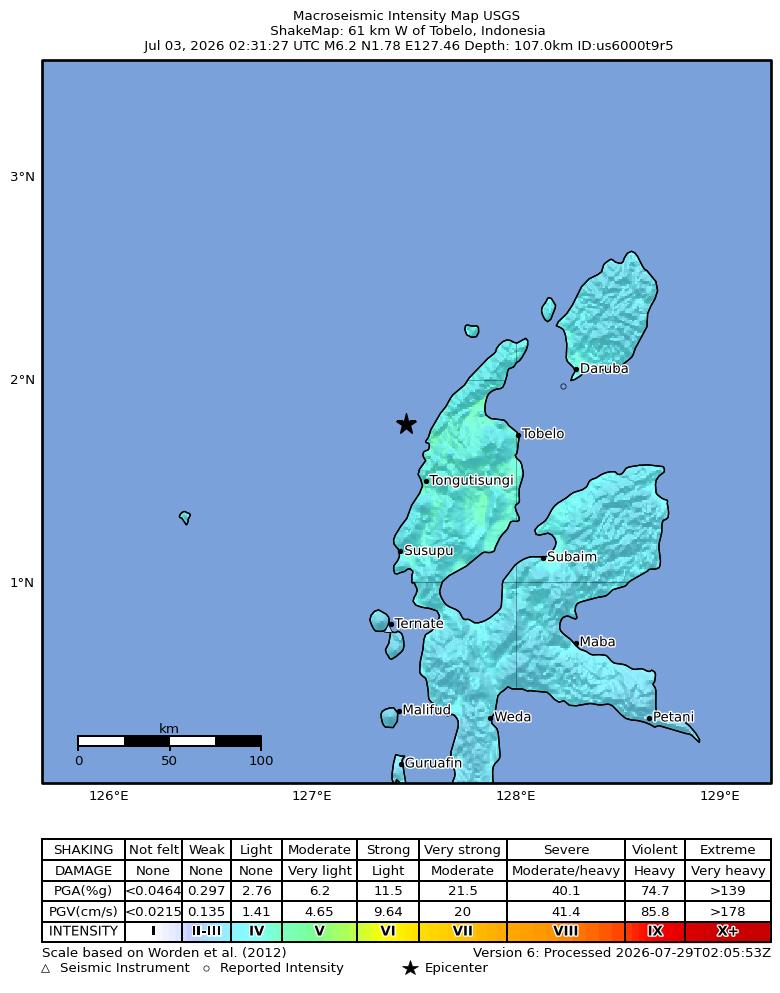 USGS ShakeMap intensity contours for the M6.2 earthquake near 61 km W of Tobelo, Indonesia