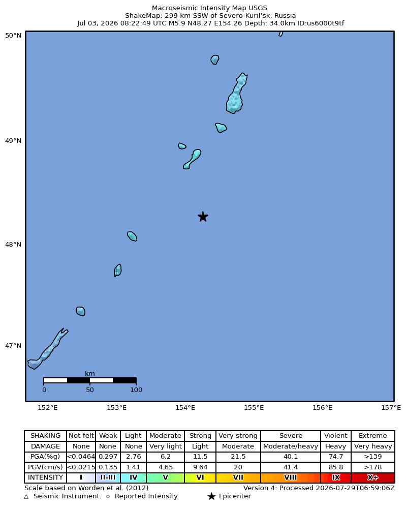USGS ShakeMap intensity contours for the M5.9 earthquake near 299 km SSW of Severo-Kuril’sk, Russia