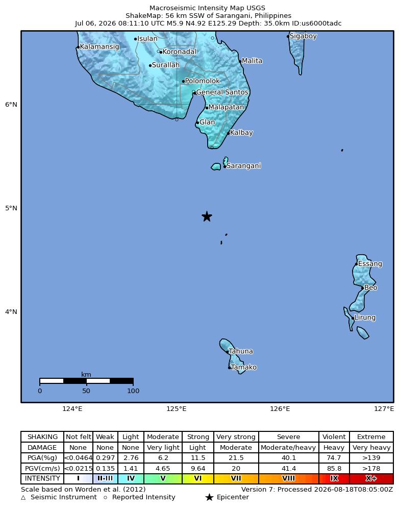 USGS ShakeMap intensity contours for the M5.9 earthquake near 56 km SSW of Sarangani, Philippines