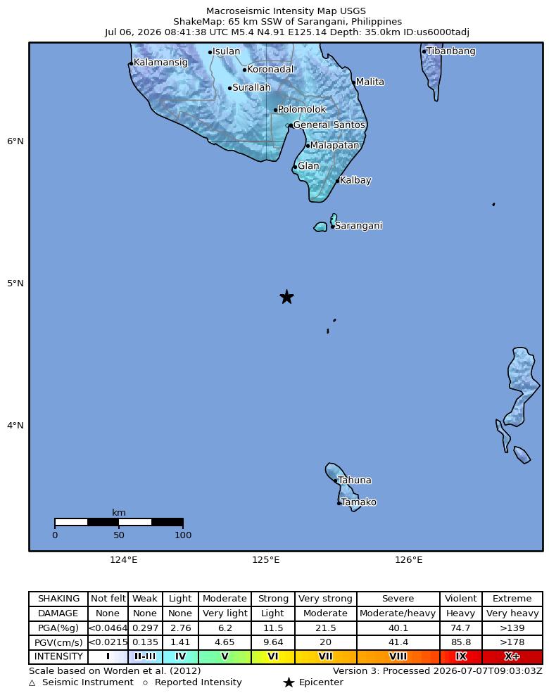 USGS ShakeMap intensity contours for the M5.2 earthquake near 58 km SSW of Sarangani, Philippines
