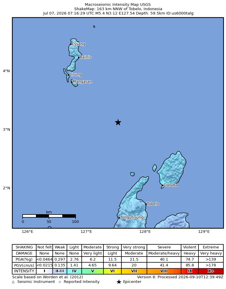 USGS ShakeMap intensity contours for the M5.4 earthquake near 163 km NNW of Tobelo, Indonesia