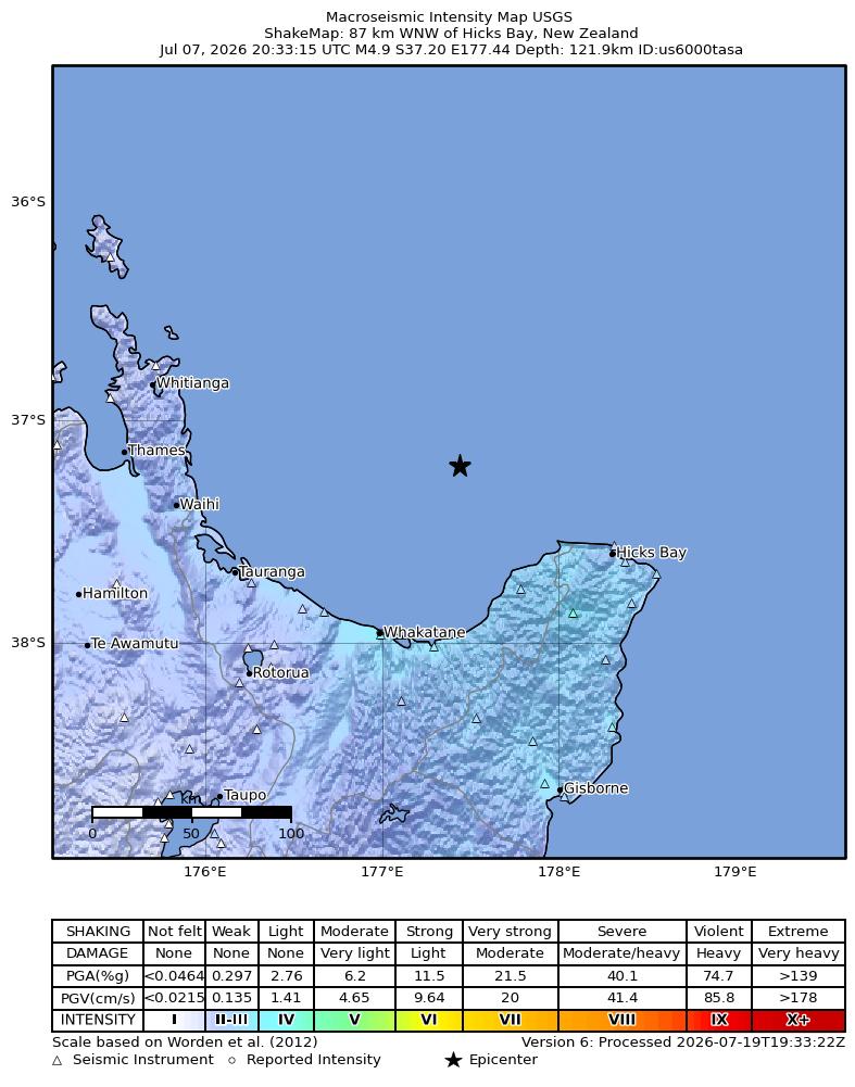 USGS ShakeMap intensity contours for the M4.9 earthquake near 87 km WNW of Hicks Bay, New Zealand