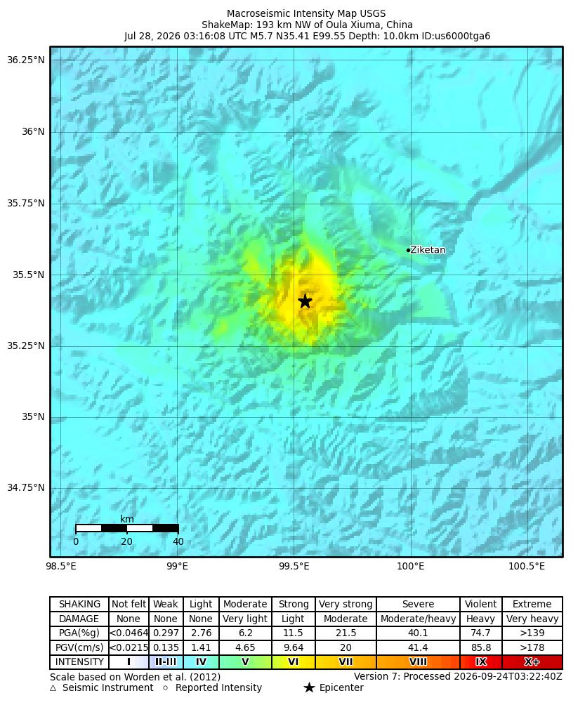 USGS ShakeMap intensity contours for the M5.7 earthquake near 193 km NW of Oula Xiuma, China