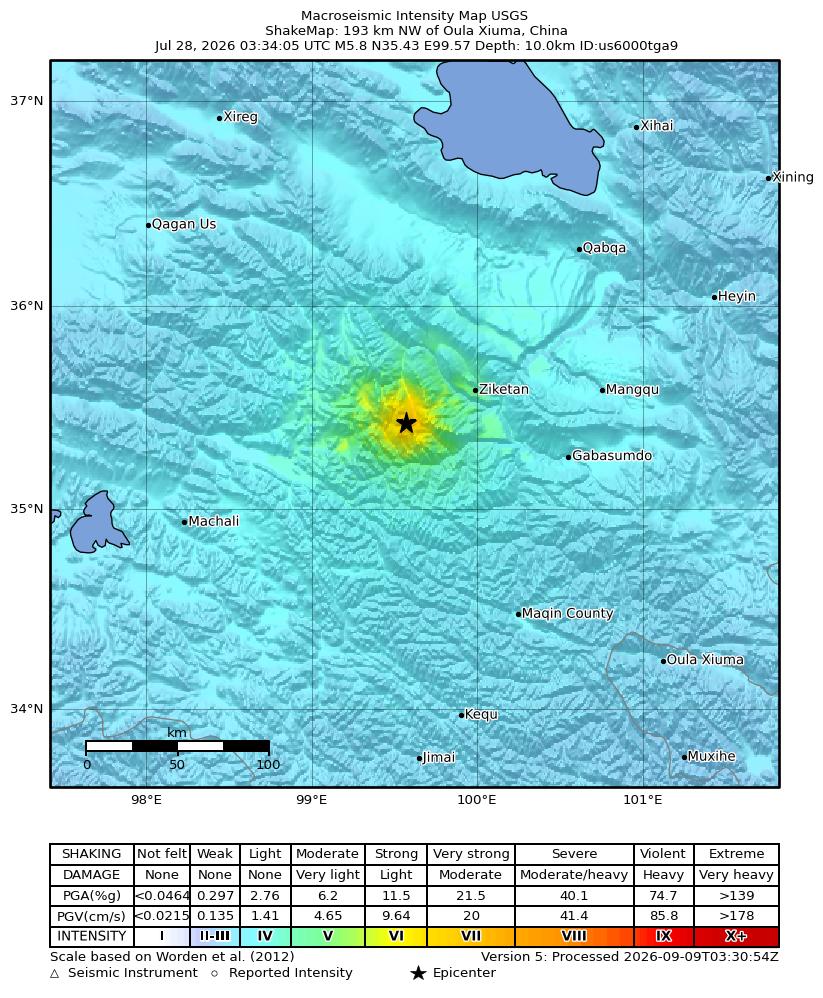 USGS ShakeMap intensity contours for the M5.8 earthquake near 193 km NW of Oula Xiuma, China