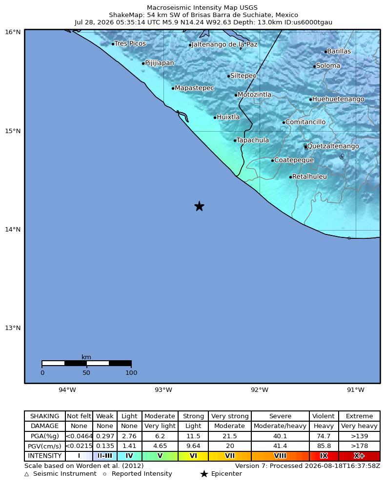 USGS ShakeMap intensity contours for the M5.9 earthquake near 54 km SW of Brisas Barra de Suchiate, Mexico