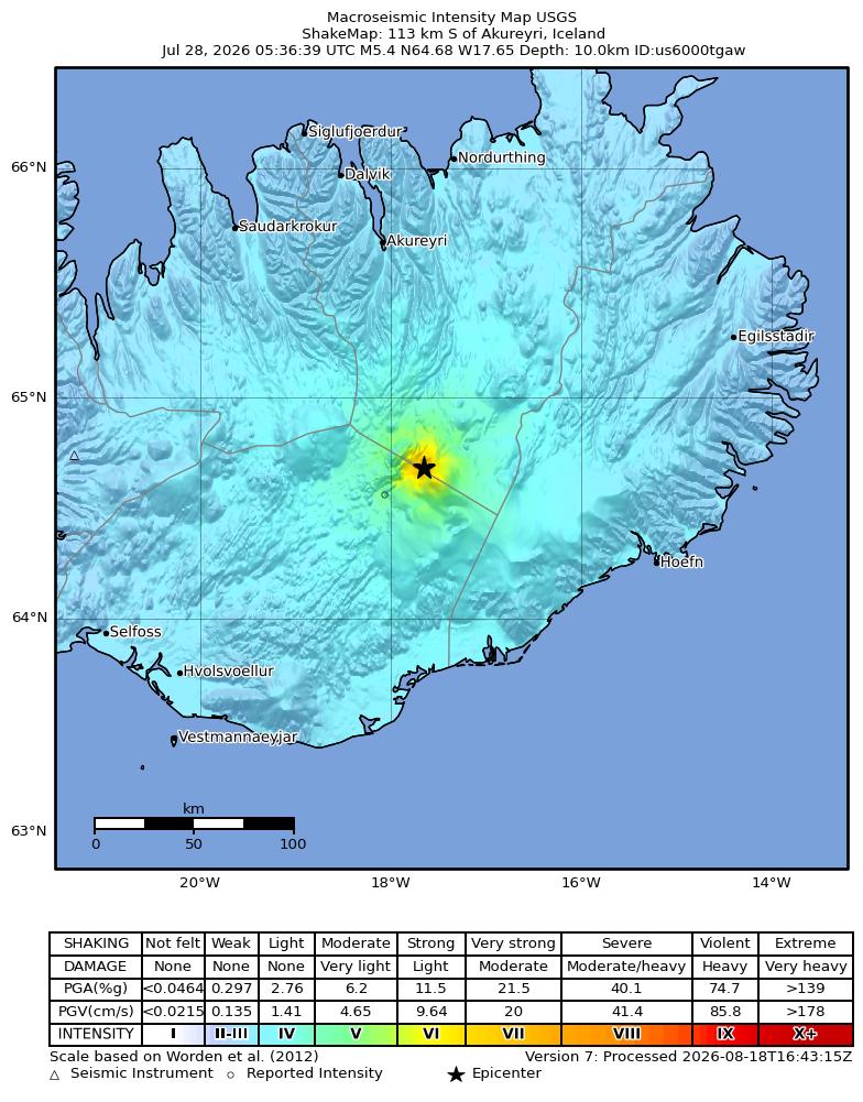 USGS ShakeMap intensity contours for the M5.4 earthquake near 113 km S of Akureyri, Iceland