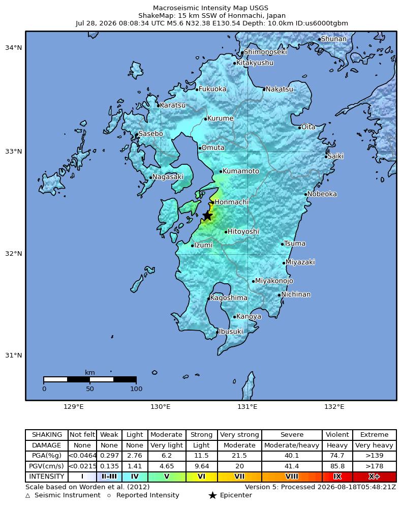 USGS ShakeMap intensity contours for the M5.6 earthquake near 15 km SSW of Honmachi, Japan