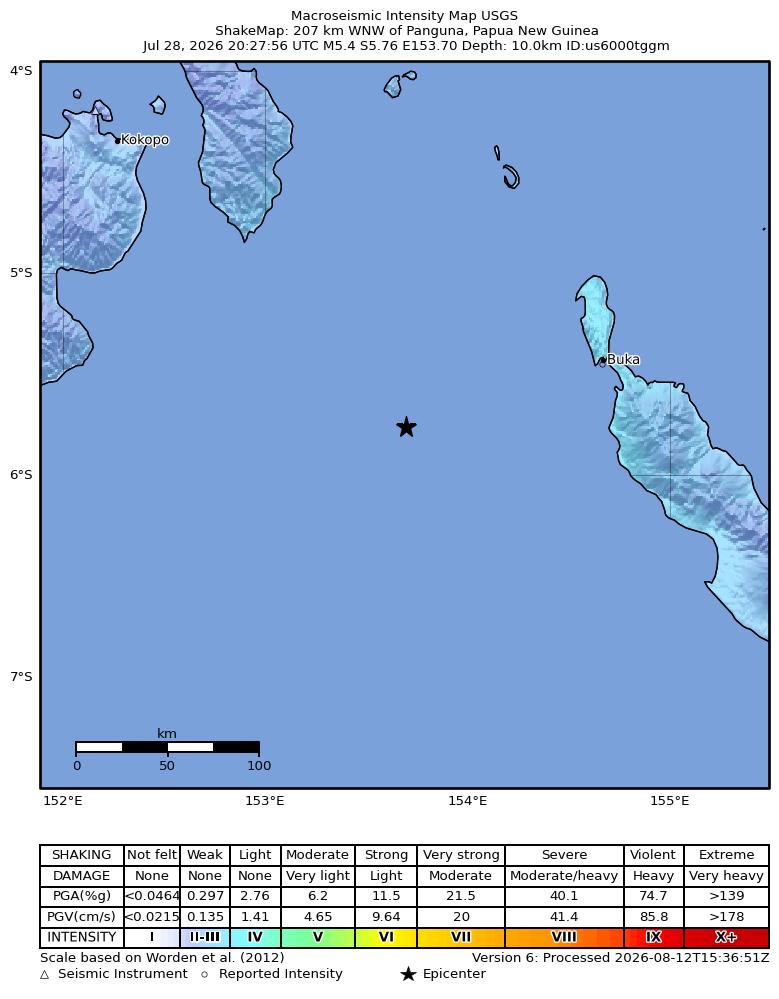 USGS ShakeMap intensity contours for the M5.4 earthquake near 207 km WNW of Panguna, Papua New Guinea