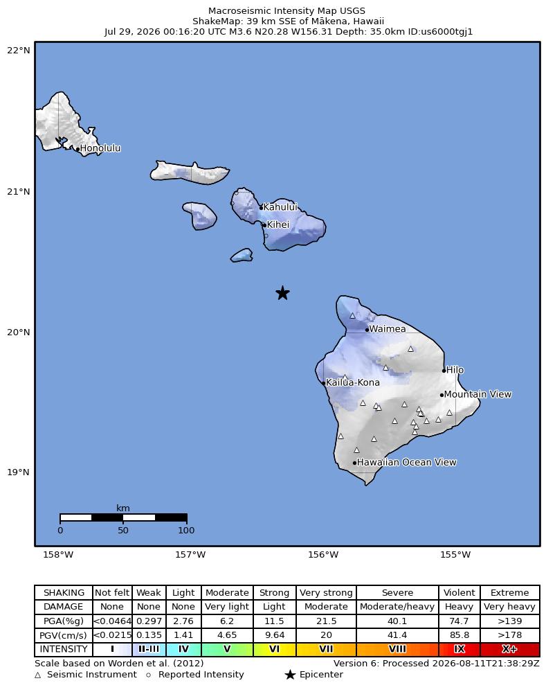 USGS ShakeMap intensity contours for the M3.6 earthquake near 39 km SSE of Mākena, Hawaii