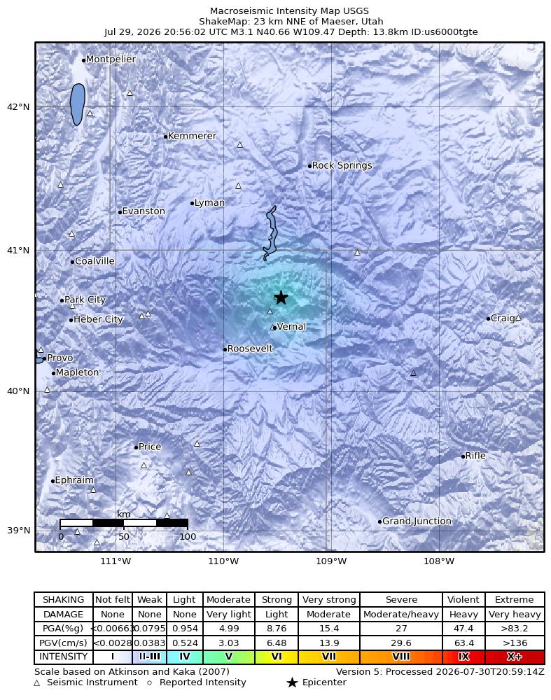 USGS ShakeMap intensity contours for the M3.1 earthquake near 24 km NNE of Maeser, Utah