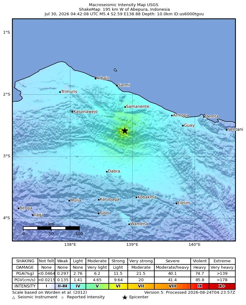USGS ShakeMap intensity contours for the M5.4 earthquake near 195 km W of Abepura, Indonesia
