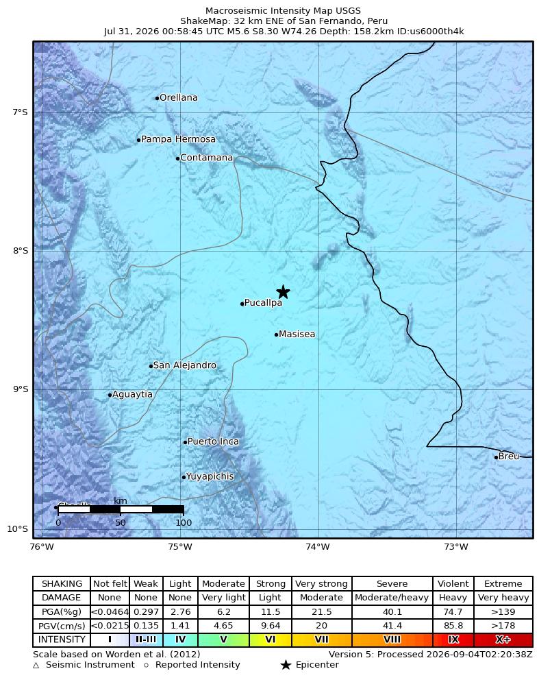 USGS ShakeMap intensity contours for the M5.6 earthquake near 32 km ENE of San Fernando, Peru