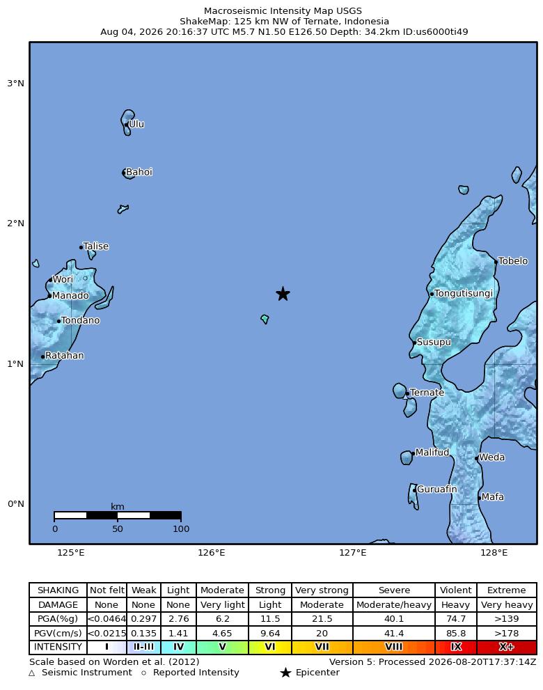 USGS ShakeMap intensity contours for the M5.7 earthquake near 125 km NW of Ternate, Indonesia